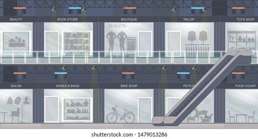 Shopping mall with modern retail store with many shops. Shopping interior center building design, restaurant and boutique, store and shop with food court, commercial vector illustration.