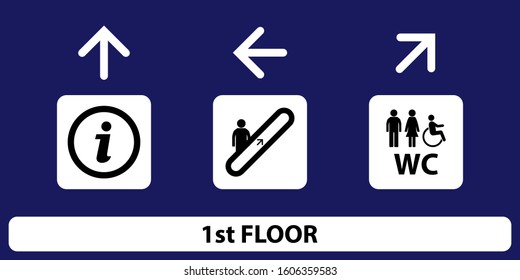 Shopping Mall Navigation board with icons and arrows. Vector illustration.
