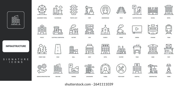 Shopping mall and office, tunnel and park thin black outline symbols vector illustration. City infrastructure, building and road, public transport, industry and energy facility line icon set.