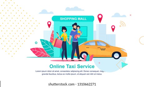 Shopping Mall. Online Taxi Service. Streets City. Man and Child waiting for Taxi at Shopping and Entertainment Complex. Family Called Service. City Taxi and Customers. Urban Street Big City.