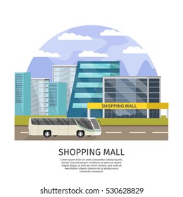 Shopping mall orthogonal design with text city buildings and public transport on white background vector illustration  