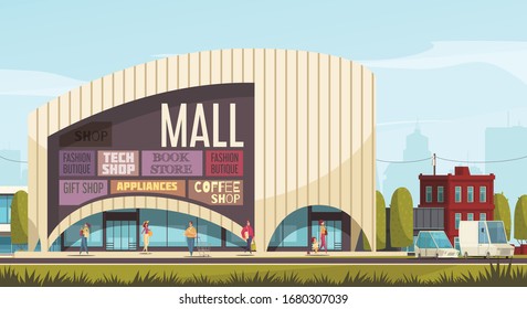 Shopping mall outside composition mall building with tags and headlines of shops on the wall vector illustration 