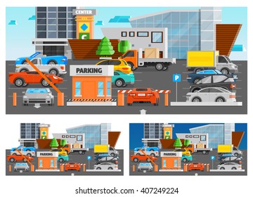 Shopping mall parking orthogonal compositions set with car and trucks flat isolated vector illustration 