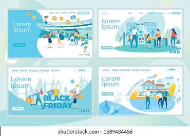 Shopping Mall with People Buing Things Flat Cartoon Vector Illustration. Family Members in Clothing Store Selecting Things Landing Page. Black Friday Promotion. Agent Selling House to Couple.