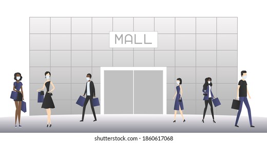 Shopping mall and people in masks. Cartoon. Vector illustration.