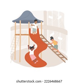 Shopping mall playground isolated cartoon vector illustration. Family shopping with kids, mall indoor entertainment center, child slides down, children having fun on playground vector cartoon.