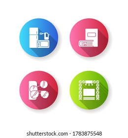 Shopping mall products flat design long shadow glyph icons set. Online store categories. Household appliance. Books and sunglasses. Entertainment center. Silhouette RGB color illustration