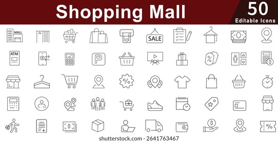 Shopping Mall Retail Icon Set - 50 Editable E-commerce Store Icons for Online Shopping, Payment, Delivery and Customer Service Vector Pack