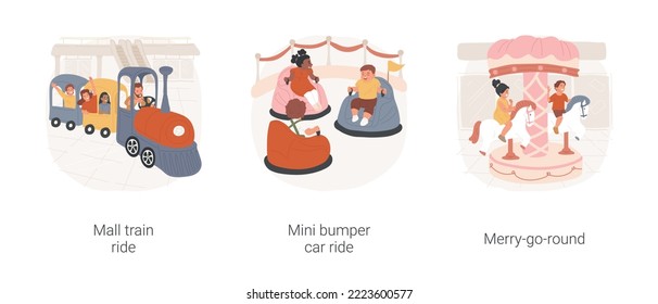 Shopping mall rides isolated cartoon vector illustration set. Mall train ride, children sit in little carriage, indoors mini bumper car, merry-go-round, kids entertainment zone vector cartoon.