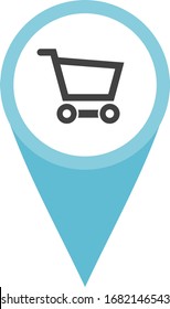 Shopping mall sign. Buying area. Shop location. Cart pin. Map element. Pinpoint special locations. Show directions. Icon with pointed end. Tourism industry places. Navigation app.