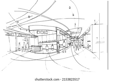 shopping mall sketch drawing,Fashion shops and people walking around.,Modern design,vector,2d illustration