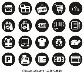 Shopping Mall Or Supermarket Icons White On Black Flat Design Circle Set Big