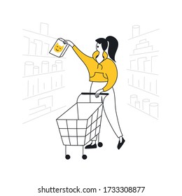 Shopping in the mall or supermarket. A woman, customer among the shelves of products takes out the packaging and puts it in a cart. Flat thin line doodle vector illustration on white.