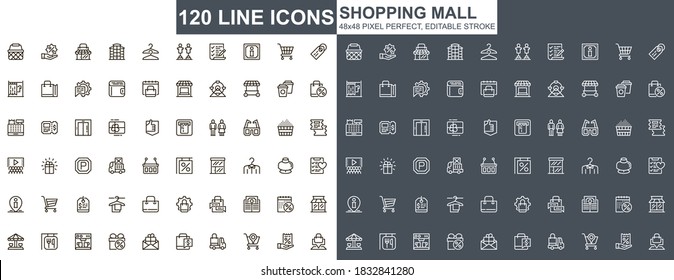 Shopping mall thin line icons set. Customer support, order and delivery service unique design icons. Online shopping platform outline vector bundle. 48x48 pixel perfect linear pictogram pack.