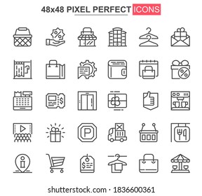 Shopping mall thin line icons set. Customer support, order and delivery service unique design icons. Online shopping platform outline vector bundle. 48x48 pixel perfect linear pictogram pack.