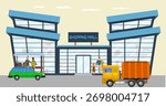 Shopping mall transport stop with different city people standing and waiting for transport vector illustration road near market mall
