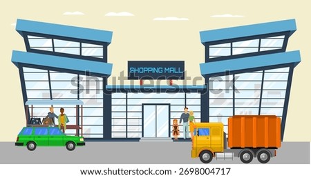 Shopping mall transport stop with different city people standing and waiting for transport vector illustration road near market mall