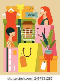 De compras en un centro comercial. Dos chicas, compras, tarjeta de pago, flor en una olla, cesta, taza de café. Ilustración vectorial de color.