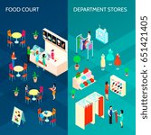 Shopping mall two vertical banners with food court and department stores isometric  design compositions vector illustration   