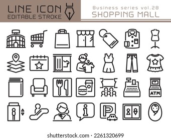 Shopping mall vector icon set. Editable line stroke.