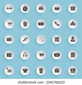 shopping mall vector icons on round puffy paper circles with transparent shadows on blue background. shopping mall stock vector icons for web, mobile and user interface design