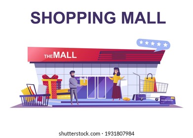 Shopping mall web concept in flat style. People buy things and gifts, seasonal sales and discounts, packages and boxes, retail scene. Vector illustration of cartoon characters for website design