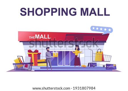 Shopping mall web concept in flat style. People buy things and gifts, seasonal sales and discounts, packages and boxes, retail scene. Vector illustration of cartoon characters for website design