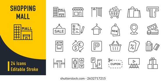 Ícones da Web do shopping center em estilo de linha. Loja, cesta, food court, lista de desejos, cinema, estacionamento, elevador, coleção. Ilustração vetorial.