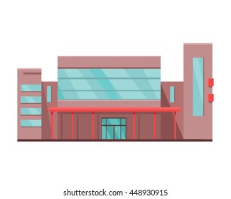 Shopping mall web page template. Flat design. Commercial building concept illustration for web design, banners. Shop, shopping center, mall, supermarket, business center on township background.
