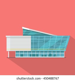Shopping mall web page template. Flat design. Commercial building concept illustration for web design, banners. Shop, shopping center, mall, supermarket, business center on township background.