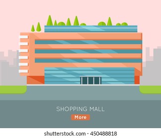 Shopping mall web page template. Flat design. Commercial building concept illustration for web design, banners. Shop, shopping center, mall, supermarket, business center on township background.