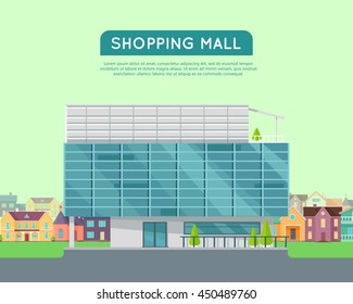 Shopping mall web page template. Flat design. Commercial building concept illustration for web design, banners. Shop, shopping center, mall, supermarket, business center on township background.