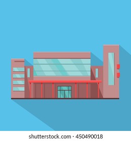 Shopping mall web page template. Flat design. Commercial building concept illustration for web design, banners. Shop, shopping center, mall, supermarket, business center on township background.