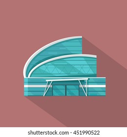 Shopping mall web page template. Flat design. Commercial building concept illustration for web design, banners. Shop, shopping center, mall, supermarket, business center on township background.