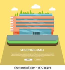 Shopping mall web page template with text more and contact. Flat design. Commercial building concept illustration for web design, banners. Shop, shopping center, mall, supermarket, business center
