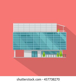 Shopping mall web page template. Flat design. Commercial building concept illustration for web design, banners. Shop, shopping center, mall, supermarket, business center on township background.
