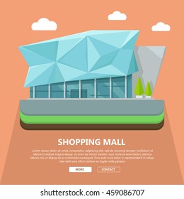 Shopping mall web page template with text more and contact. Flat design. Commercial building concept illustration for web design, banners. Shop, shopping center, mall, supermarket, business center