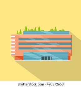 Shopping mall web page template. Flat design. Commercial building concept illustration for web design, banners. Shop, shopping center, mall, supermarket, business center on township background.