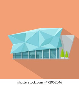Shopping mall web page template. Flat design. Commercial building concept illustration for web design, banners. Shop, shopping center, mall, supermarket, business center on township background.