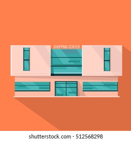 Shopping mall web page template. Flat design. Commercial building concept illustration for web design, banners. Shop, shopping center, mall, supermarket, business center on township background.