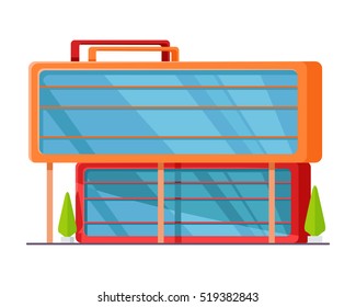 Shopping mall web page template. Flat design. Commercial building concept illustration for web design, banners. Shop, shopping center, mall, supermarket, business center on township background.