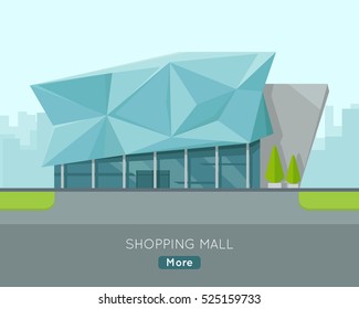 Shopping mall web page template. Flat design. Commercial building concept illustration for web design, banners. Shop, shopping center, mall, supermarket, business center on township background.