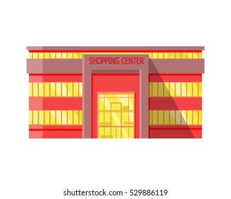 Shopping mall web page template. Flat design. Commercial building concept illustration for web design, banners. Shop, shopping center, mall, supermarket, business center on township background.