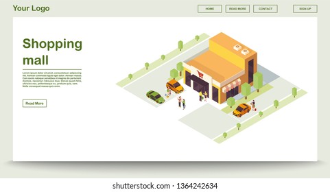 Shopping mall webpage vector template with isometric illustration. Supermarket. Grocery store. Shop building with parking. Commerce, retail. Website interface design. Webpage, mobile app 3d concept