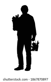 Shopping man with basket silhouette vector on white