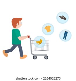 Einkaufsmann mit Einkaufswagen. Kauf, Vektorgrafik