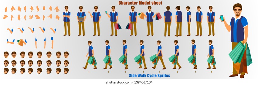 Shopping Man Character Model sheet with Walk cycle Animation. Flat character design. Front, side, back view animated character. character creation set with various views, face emotions and gestures.