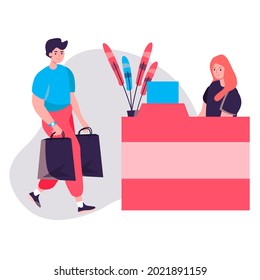 Einkaufskonzept. Der Kunde kauft in Taschen an der Kasse ein. Kunde in Boutique Shop Charakter Szene. Vektorgrafik in flachem Design mit Aktivitäten von Menschen