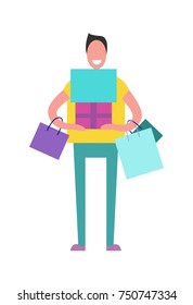 Shopping man dressed in yellow t-shirt and jeans holding presents for his close people vector illustration isolated on white background