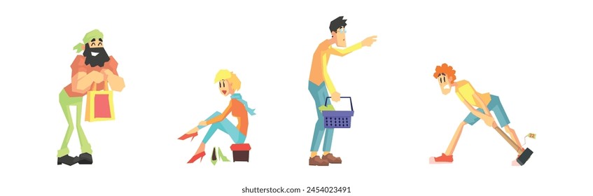 Shopping with Man and Woman Character Choose Things to Buy Vector Set